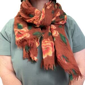 Bindya New York 100% wool Floral Scarf Brown Rose Print Lightweight Boho cottage